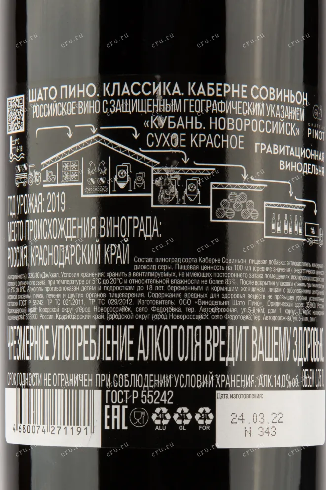 Контрэтикетка вина Шато Пино. Классика. Каберне Совиньон 0,75