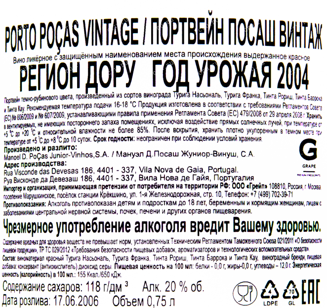 Контрэтикетка портвейна Посаш Винтаж 2004 0.75