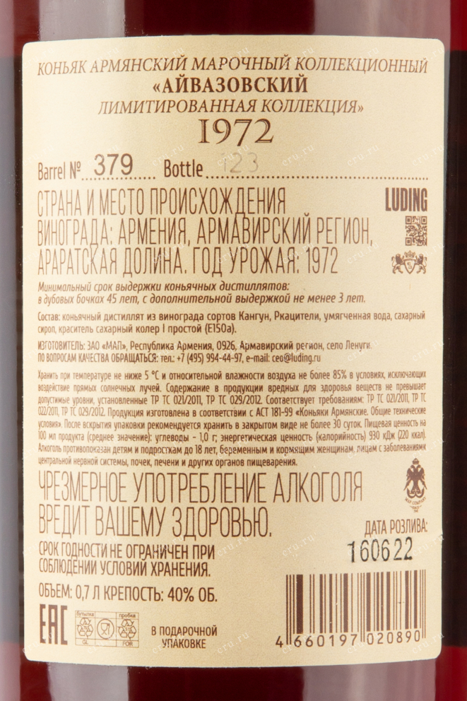 Контрэтикетка коньяка Айвазовский 1972 0,5. Лимитированная Коллекция